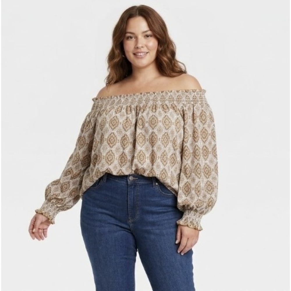 New MELLODAY Yellow Brown Geometric Print Stretch Boho Off Shoulder Top XL
